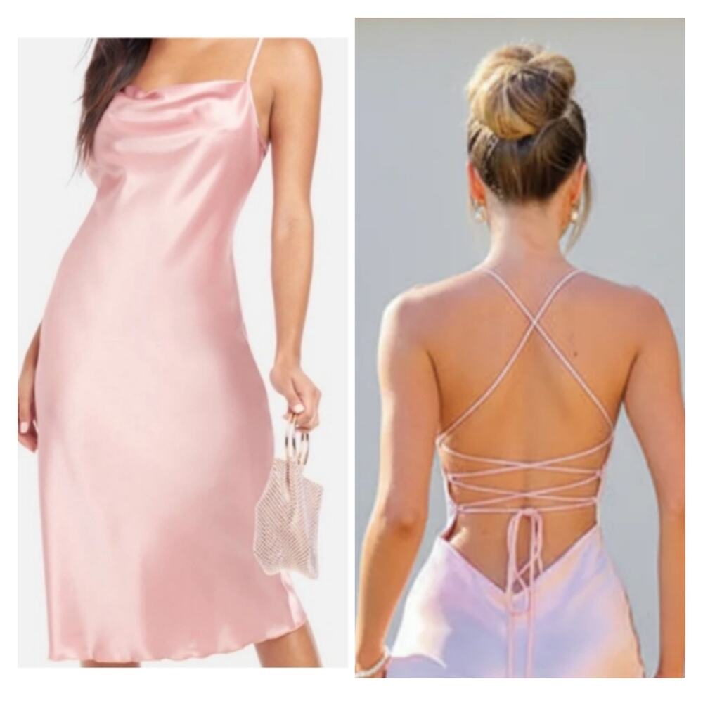 Luxe Satin Champagne Pink Cowl Slip Dress Lace Up Open Back Wedding Romantic XS